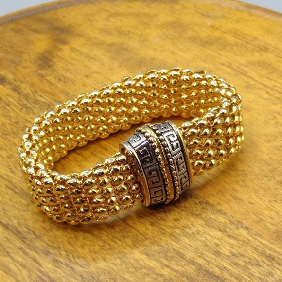 Jewelry - Flexible Double Layered Mesh Bracelet, Gold Tone with Silver Tone Magnetic Greek